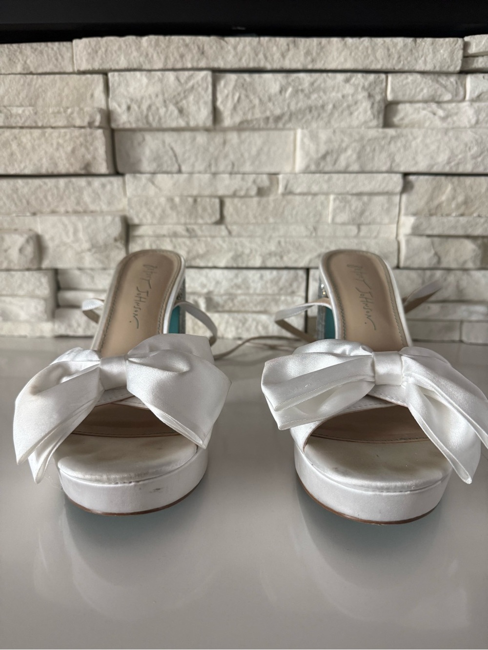 Betsey Johnson White Satin Bow Platform Heeled Sandals